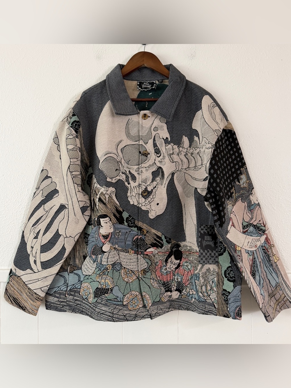 Rebel Vengeance XL Japanese Ukiyo-e Skeleton Tapestry Jacket Gothic NWT